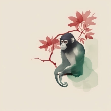 Monkey on a branch of a tree with red leaves. Vector illustration.の素材