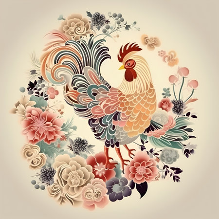 Vintage floral background with rooster and flowers. Vector illustration.の素材
