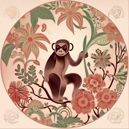 Monkey sitting on a branch with flowers in retro style. Vector illustration.の素材