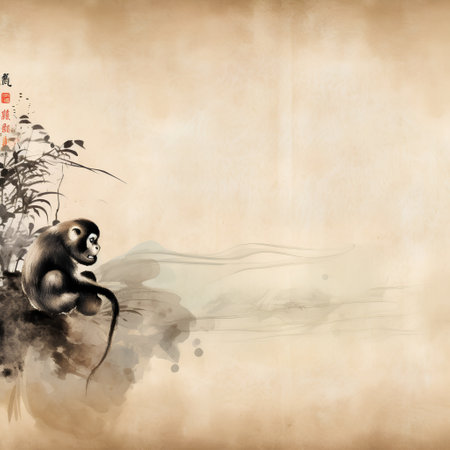 Monkey painting on old paper background, Chinese calligraphy styleの素材