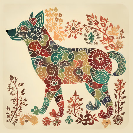 Stylized wolf with floral ornament in retro style. Vector illustration.の素材