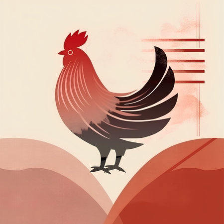 Rooster on the background of the sun and mountains. Vector illustration.の素材