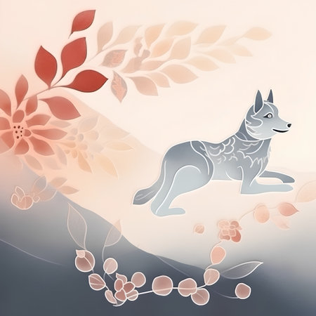 Illustration of a wolf and autumn leaves on a soft background.の素材