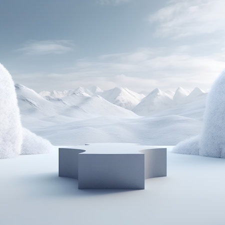Podium for product presentation in snow landscape. 3D rendering.の素材