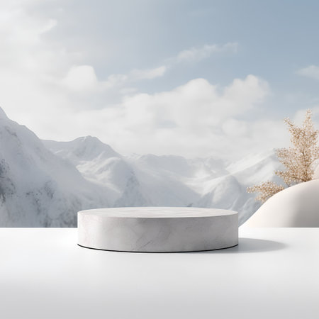 3d rendering of white marble podium for product presentation with snow mountain backgroundの素材