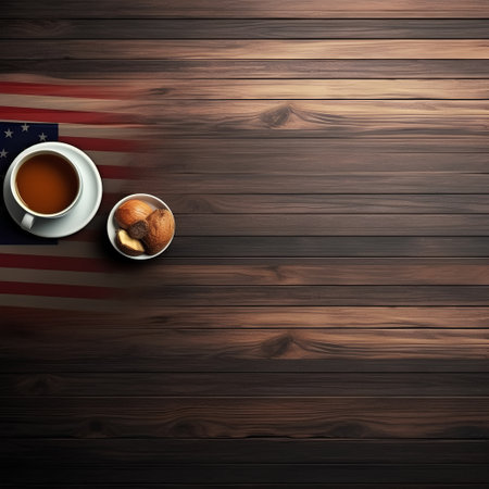 American flag with a cup of coffee on wooden background. 3d illustrationの素材