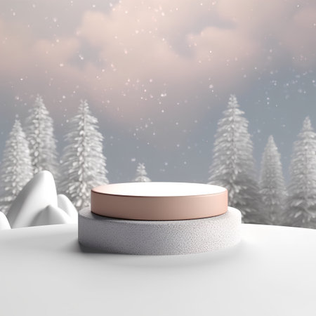 winter scene with podium for product presentation in snowy forest 3d renderの素材