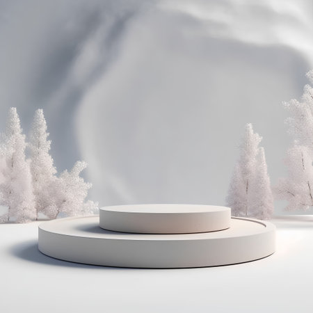 3d render of white podium for product presentation with fir trees in the backgroundの素材