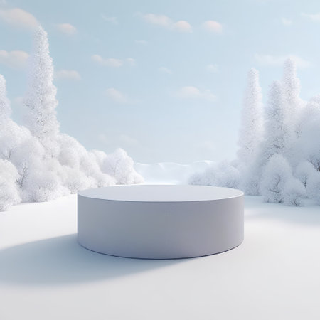 Winter landscape with a round podium in the snow. 3d renderの素材