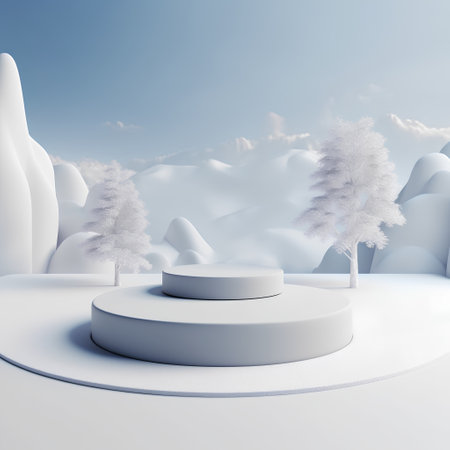 Minimal winter scene with podium and trees. 3D Renderingの素材