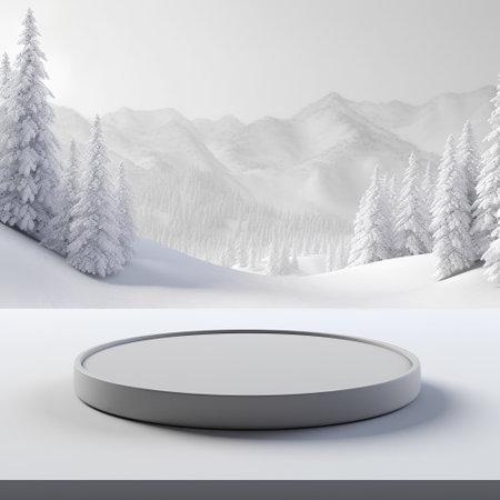 3d render of minimal product display podium with winter landscape background.の素材