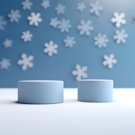 Blue podium on blue background with snowflakes. 3d renderの素材