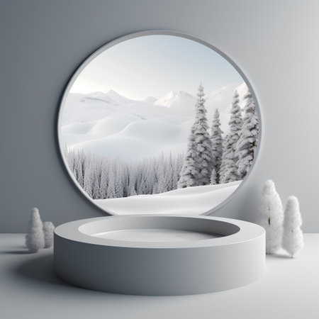 Winter scene with round podium in the snowy mountains. 3D renderingの素材