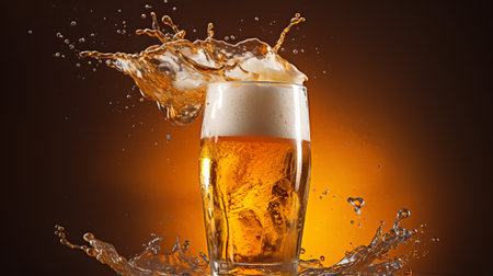 Glass of beer with splashes and drops on a brown background.の素材