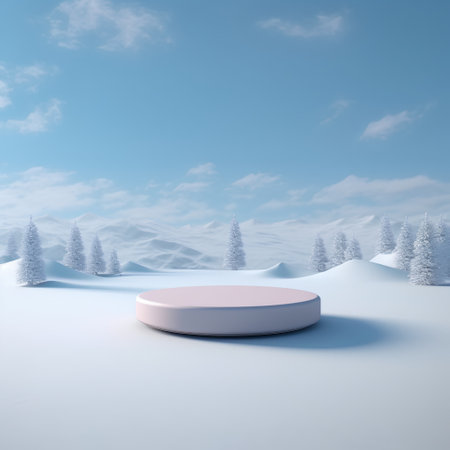 3d render of podium in winter landscape with fir trees and snowdriftの素材