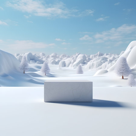 3d render of winter landscape with podium, trees and snow.の素材