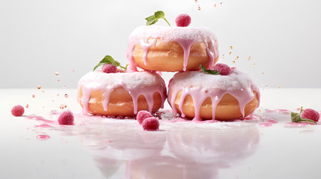 Sweet donuts with raspberries and mint on a white backgroundの素材