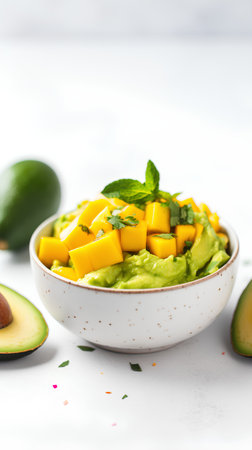 Avocado and mango salad in bowl on white background, selective focus.の素材