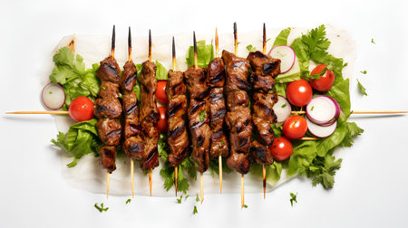 Grilled meat on skewers with vegetables on a white background.の素材