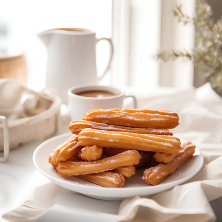 Churros with a cup of coffee on a light background.の素材