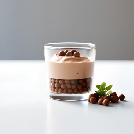 Chocolate mousse in a glass on a gray background. Selective focus.の素材