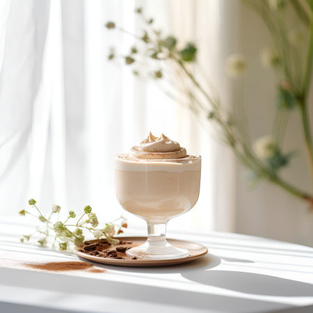 Coffee in a glass with whipped cream on a light backgroundの素材