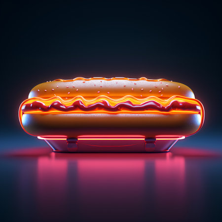 Hot dog on a dark background. 3d rendering. Neon style.の素材