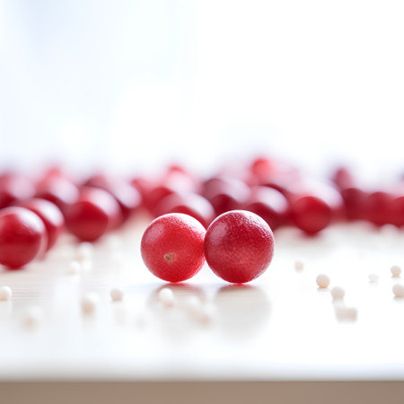 Red cranberries on a white wooden table. Selective focus.の素材