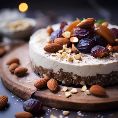 Cheesecake with nuts and raisins on a dark backgroundの素材