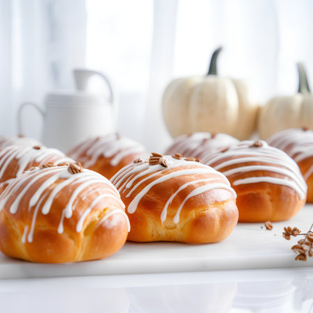 Pumpkin and chocolate croissants on a white background.の素材