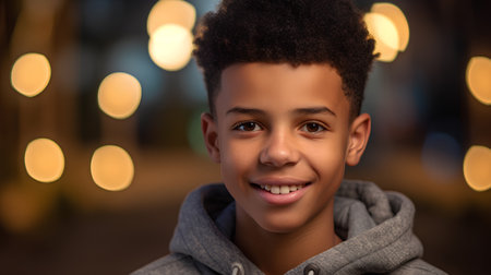 smiling african american boy in hoodie over bokeh backgroundの素材