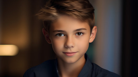 Portrait of a handsome teenage boy with blond hair. Studio shot.の素材