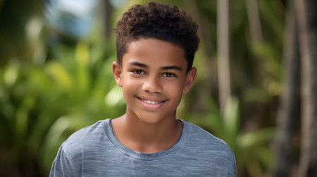 Portrait of a smiling young african american boy outdoors.の素材