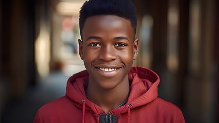 Portrait of a smiling young man in a red hoodie.の素材