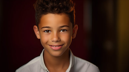 Portrait of a smiling African American boy in a white shirt.の素材