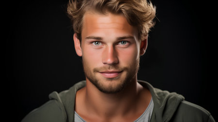 Portrait of a handsome young man on a dark background. Men's beauty, fashion.の素材