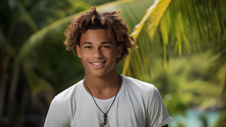 Portrait of a handsome young man with afro hairstyle smilingの素材