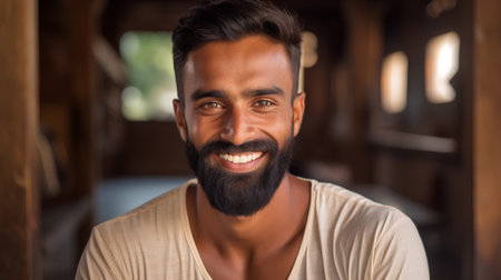 Portrait of a handsome Indian man with beard and mustache looking at cameraの素材