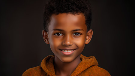 Portrait of a smiling african american teenage boy on a dark backgroundの素材