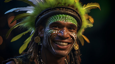 Portrait of a smiling native american man in traditional headdress.の素材