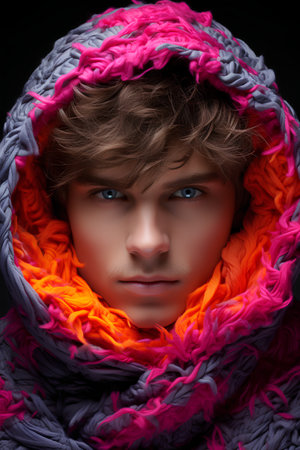 Portrait of a young man in a warm scarf. Studio shot.の素材