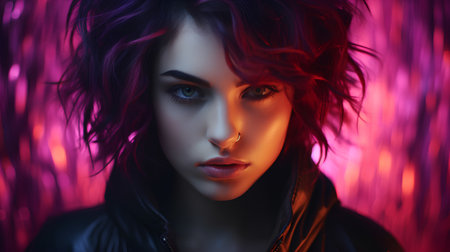 Fashion portrait of a beautiful young woman with red hair in a neon light.の素材