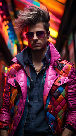 Handsome young man in a fashionable jacket and sunglasses. Fashion shot.の素材