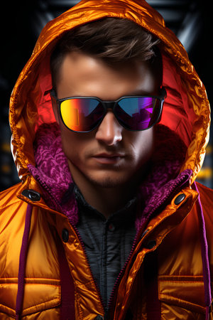Portrait of a handsome young man in orange jacket and sunglasses.の素材