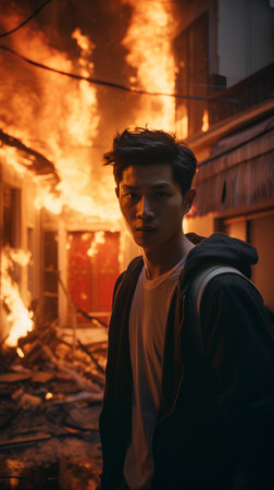 Portrait of young Asian man standing in front of burning house.の素材