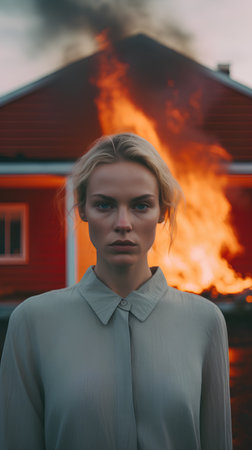 Portrait of a girl in a shirt on a background of a burning houseの素材