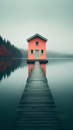 Wooden jetty on a foggy lake with a red cabinの素材