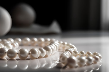 Pearl necklace on a black background. Shallow depth of field.の素材