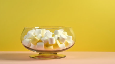 Marshmallows in a glass bowl on a yellow background. 3d renderingの素材