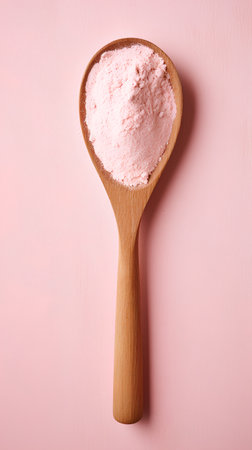 Himalayan pink salt in wooden spoon on pink background, top viewの素材
